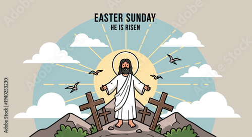 A joyful illustration of Jesus Christ with the text 'Easter Sunday He is Risen' in a colorful vector style, perfect for Easter-themed designs