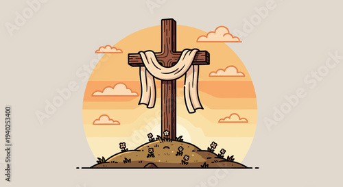 A wooden cross draped with a cloth on a grassy hill at sunset in minimalist vector style, suitable for religious and spiritual themes
