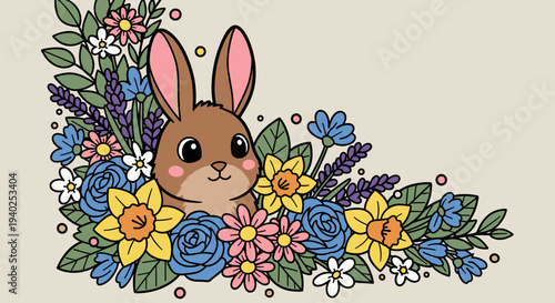 A cute brown bunny surrounded by colorful flowers in a playful cartoon vector style, perfect for spring designs