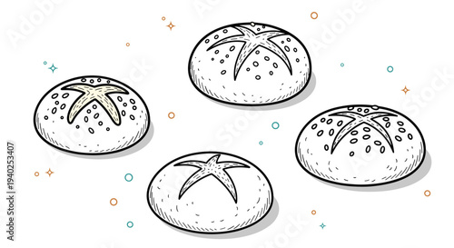 A collection of four hand-drawn bread buns in outline style, suitable for bakery branding and food illustrations
