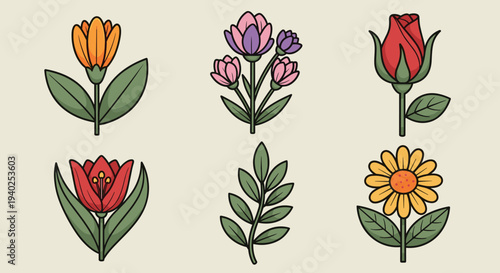 A collection of six colorful flower illustrations in flat vector style, ideal for nature-themed designs and creative projects