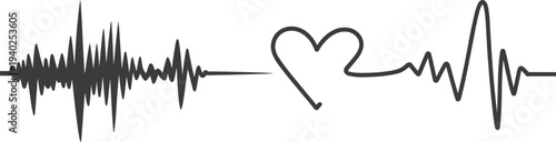 Abstract audio sound waveform and ECG heartbeat line with heart symbol on light gray background representing music signal and healthcare monitoring concept