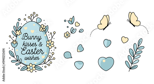A collection of Easter-themed illustrations featuring a bunny, hearts, butterflies, and floral elements in a whimsical vector style, perfect for greeting cards and festive designs