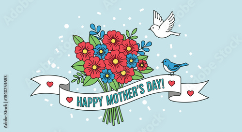 A colorful bouquet of flowers with a bird and a ribbon saying 'Happy Mother's Day' in flat vector style, perfect for greeting cards and celebrations