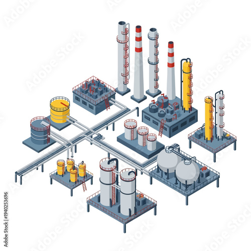 Industrial facility with various tanks and processing units.