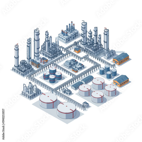 Isometric illustration of an industrial facility with tanks and processing units.