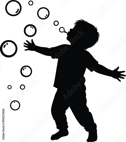 Joyful black silhouette of a young child happily blowing iridescent soap bubbles with outstretched arms in a playful vector design