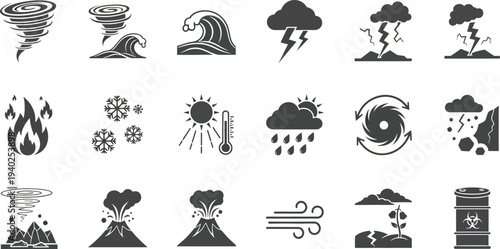 This vector graphic illustration presents a comprehensive collection of natural disaster and extreme weather condition icons, ideal for various environmental and emergency preparedness designs.