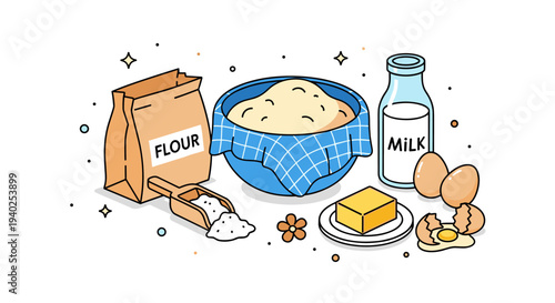 A collection of baking ingredients including flour, milk, dough, eggs, and butter in colorful flat vector style, perfect for culinary projects