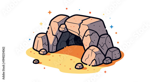 A rocky cave entrance surrounded by boulders in vibrant flat vector style, perfect for outdoor adventure themes