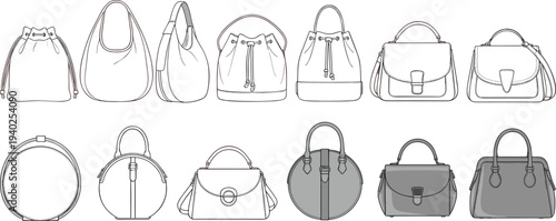 handbag collection technical drawing, women purse template set, fashion bag flat sketch bundle, tote shoulder crossbody outline design