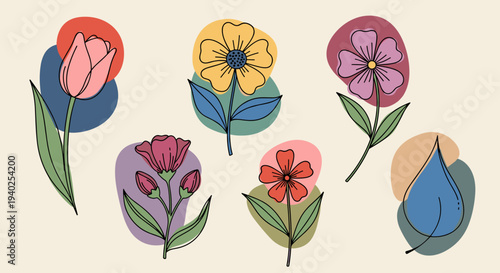 A set of colorful flowers with leaves in minimalist vector style, perfect for floral designs and creative projects