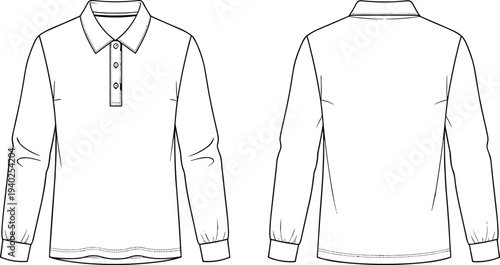 long sleeve polo shirt technical fashion cad drawing front and back view flat vector apparel template outline design