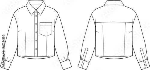 men shirt technical drawing, long sleeve button shirt template, front and back view clothing outline, fashion flat sketch design