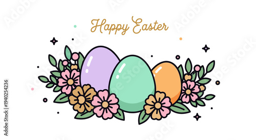 A set of colorful Easter eggs surrounded by flowers in a modern minimalist vector style, perfect for festive greeting cards and decorations