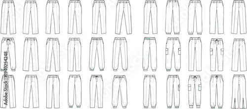 pants collection technical drawing, men trousers template set, fashion flat sketch bundle, cargo jogger casual pants outline design