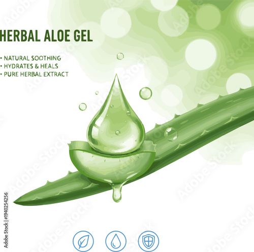 Isolated a realistic Green drop aloe vera on aloevera leaf with green bokeh background for herb serum and gel concept. 3D rendering. vector art with white background..
