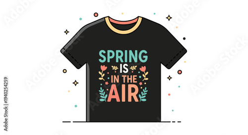 A stylish black t-shirt featuring the text 'Spring is in the air' with floral accents in colorful vector style, perfect for seasonal fashion and casual wear
