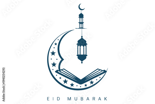 Islamic Eid Mubarak crescent moon mosque lantern and open book graphic on white background Keywords: Eid Mubarak, Islam, Muslim