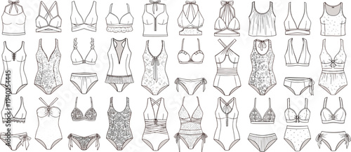 swimwear collection technical drawing, women bikini and swimsuit set, fashion flat sketch templates, lingerie style beachwear outline design