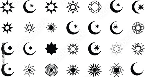 Islamic Geometric Stars Crescent Moons and Starburst Icons Keywords: islam, islamic, crescent, moon, star, geometric, pattern