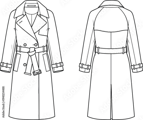 Trench coat, women overcoat, fashion outerwear, classic coat design, belt jacket, cad drawing, flat vector illustration, apparel template