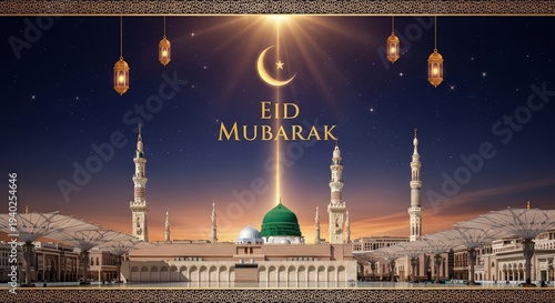 Eid Mubarak Premium Islamic Illustration, Madinah Al Masjid Nabawi Green Dome, Deep Indigo Violet Starry Sky, Gold Crescent Moon, Muslim Holiday Celebration, Geometric Border Art