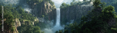 Majestic waterfall cascading through lush forest nature photography serene landscape aerial view tranquility