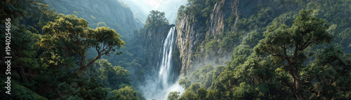 Majestic waterfall cascading through lush green forest nature landscape tranquil environment aerial view serenity