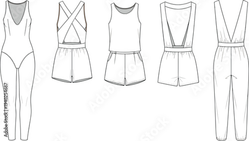Women jumpsuit and romper technical fashion illustration set, front and back views, sleeveless summer outfit apparel vector