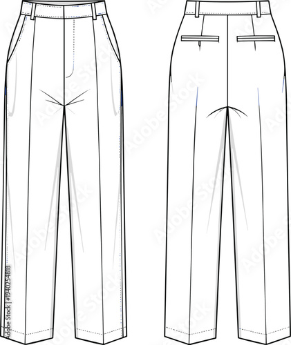 women tailored trousers technical fashion cad drawing front and back view flat vector apparel pattern template outline