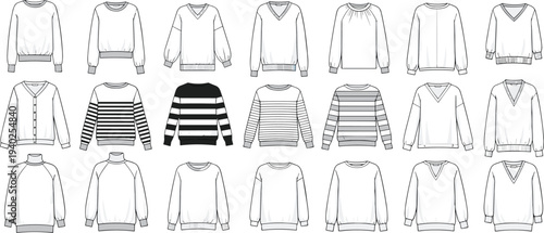 Women sweater and sweatshirt collection technical fashion illustration set, long sleeve knitwear apparel designs outline vector templates