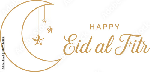 Minimalist gold crescent moon with stars and Happy Eid al Fitr text on white greeting holiday