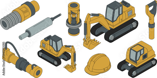 Isometric construction machinery set, excavator hydraulic hammer equipment safety helmet engineering heavy industry tools illustration collection