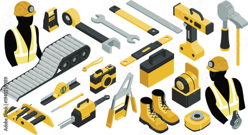 Isometric construction tools and worker equipment set, safety helmet, wrench, tape measure, boots, engineering instruments, industrial toolkit