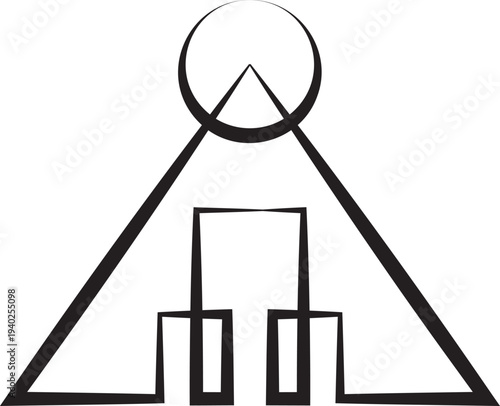 A vector logo featuring an abstract image a pyramid with a moon above it, symbolizing mystery, balance, and ancient cosmic harmony.