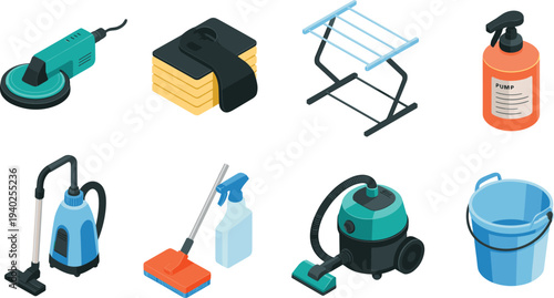 Isometric household cleaning tools set, vacuum cleaner bucket spray bottle sponge polishing machine laundry rack home maintenance equipment