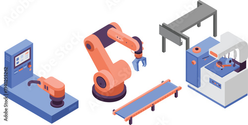 Isometric industrial automation system illustration, robotic arm, conveyor belt, CNC machine, smart factory equipment, automated manufacturing technology