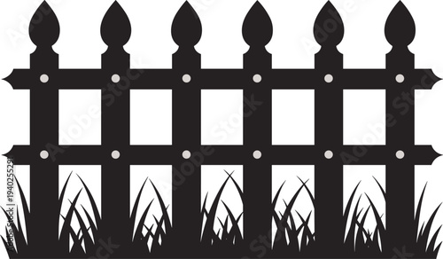 Decorative garden fence silhouette, classic wooden picket barrier with grass landscaping border vector illustration design