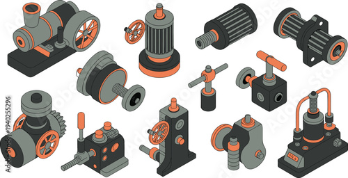 Isometric industrial machinery components set, mechanical engineering equipment, factory machine parts valves gears technical illustration collection