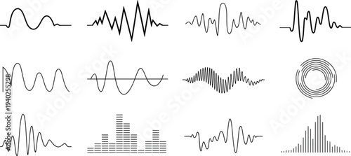 Collection of abstract audio waveform icons on light gray background representing sound signal visualization, music frequency waves, digital audio technology and acoustic design elements