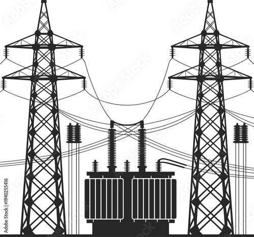 Electric power transmission towers silhouette, high voltage substation transformer energy grid infrastructure electricity distribution vector illustration