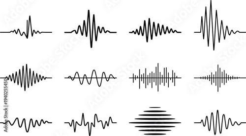 Collection of abstract black audio waveform signals on light gray background representing sound frequency visualization, digital audio technology, music vibration waves and acoustic design