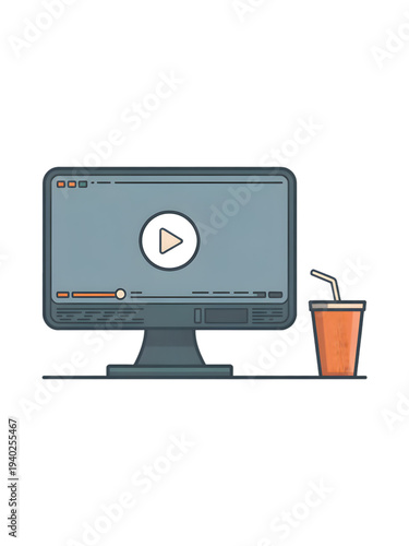 Modern computer monitor with play button icon and iced drink isolated on transparent background