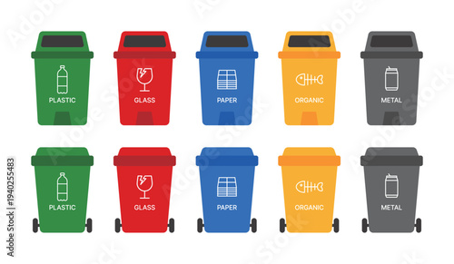 Set of colorful recycling bins with icons for plastic, glass, paper, organic, and metal waste. Flat vector illustration for waste management, environmental protection, and recycling education.