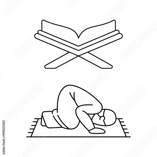 Islamic line art icons featuring the Quran on a wooden stand and a man prostrating on a prayer mat during namaz, designs, and religious education materials, vector clip | Adobe Stock