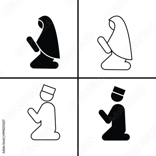 Muslim prayer icon set featuring men and women in prayer positions, silhouettes, and line art style for Ramadan Kareem and Islamic religious content, vector design | Adobe Stock