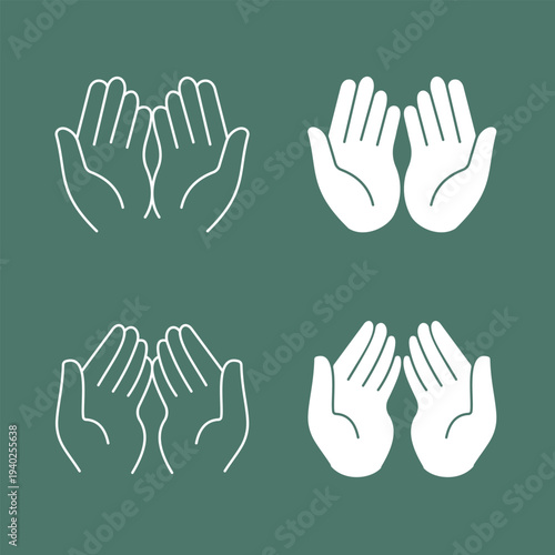 Praying hands icon set with open palms in line and solid styles for Islamic prayer or supplication concepts, religious designs, and spiritual projects, vector layout | Adobe Stock