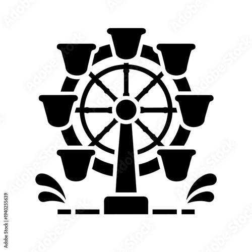 Flat solid black wooden water wheel silhouette