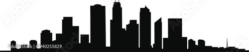 Modern urban city skyline silhouette with skyscrapers and downtown buildings, minimalist black cityscape panorama isolated on white background, metropolitan architecture illustration design